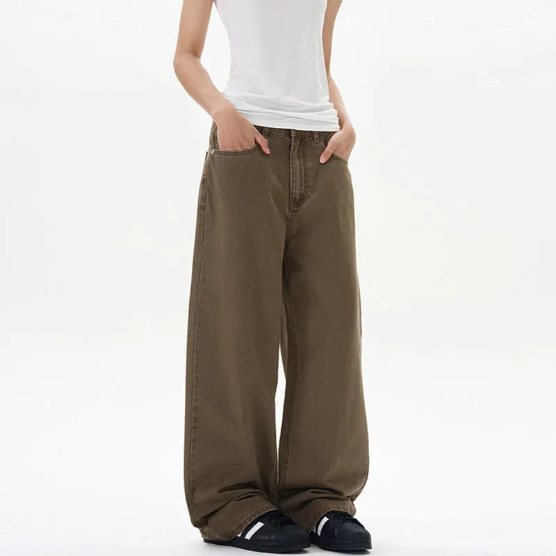 Men's stone-washed straight-leg casual pants in army green with zipper fly and loose fit
