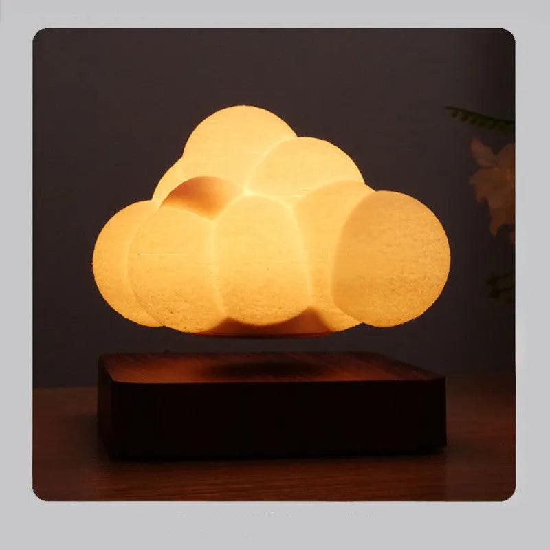 Magnetic levitation cloud lamp with 3D-printed floating cloud and touch control base in warm colour