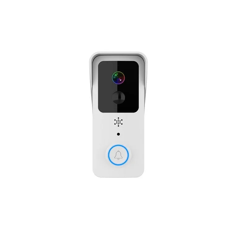 Black or white smart visual doorbell with camera, button, and waterproof casing for outdoor mounting.