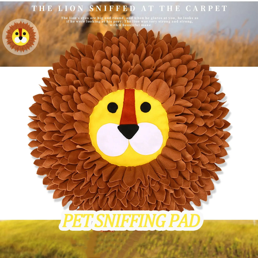 Brown lion-shaped sniffing pad pet toy for dogs and cats on a floor.