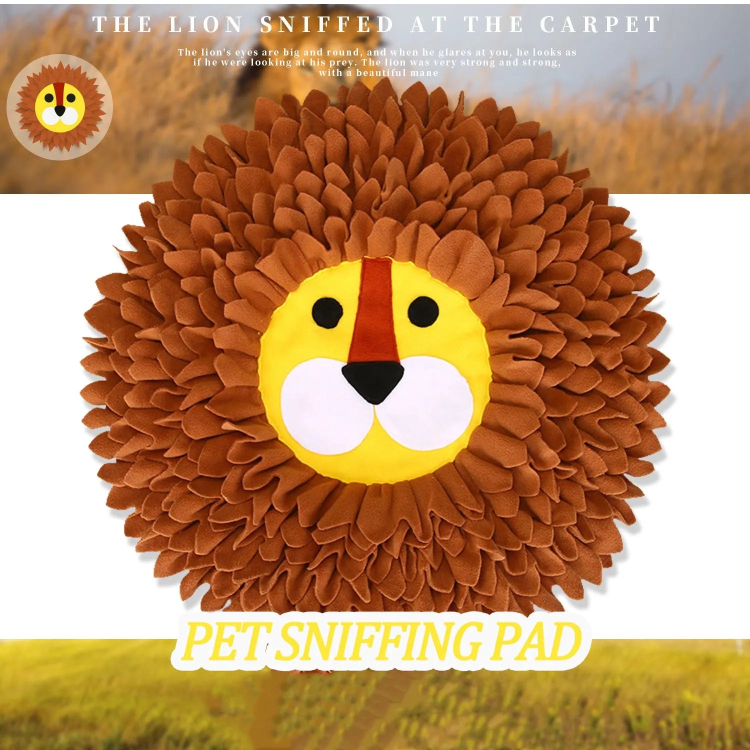 Brown lion-shaped sniffing pad pet toy for dogs and cats on a floor.