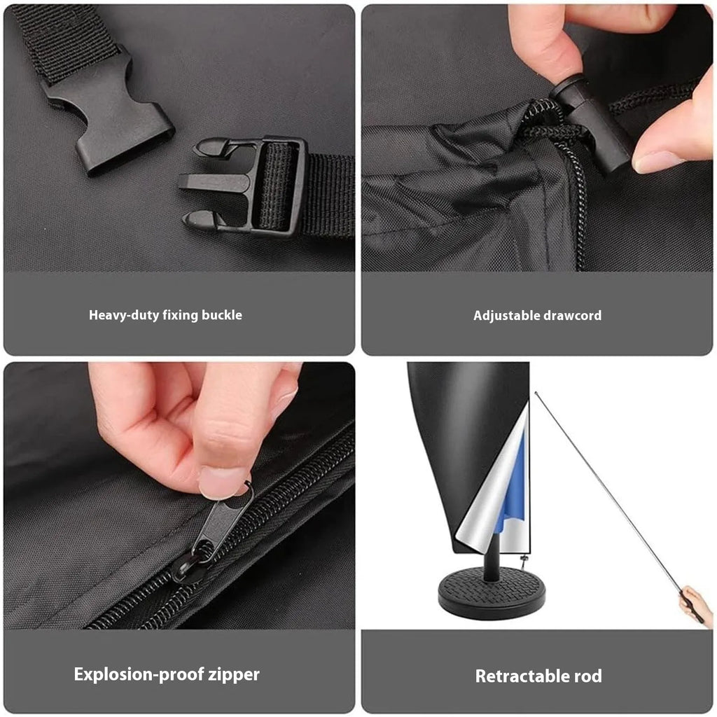 Black and grey Oxford cloth outdoor umbrella covers for patio furniture in various sizes.