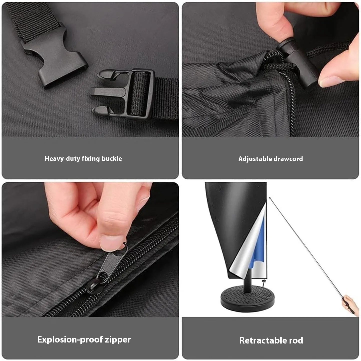 Black and grey Oxford cloth outdoor umbrella covers for patio furniture in various sizes.