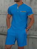 Men's gray cotton blend zipper polo collar short sleeve suit with matching shorts for summer