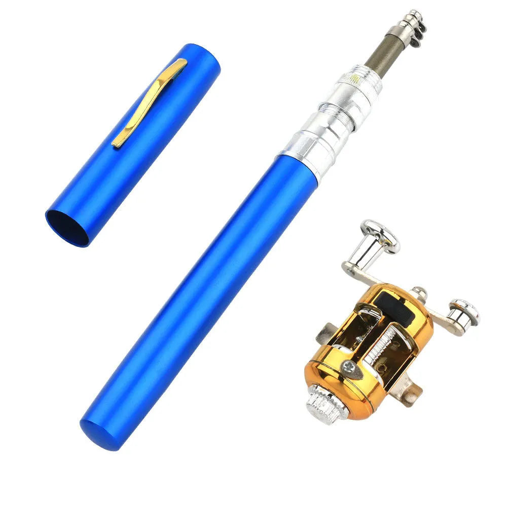 Gold portable telescopic pen fishing rod and reel kit collapsed in aluminium case