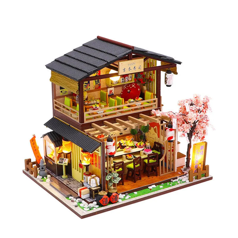 Japanese style sushi restaurant wooden building model kit with flash function, assembled on a shelf