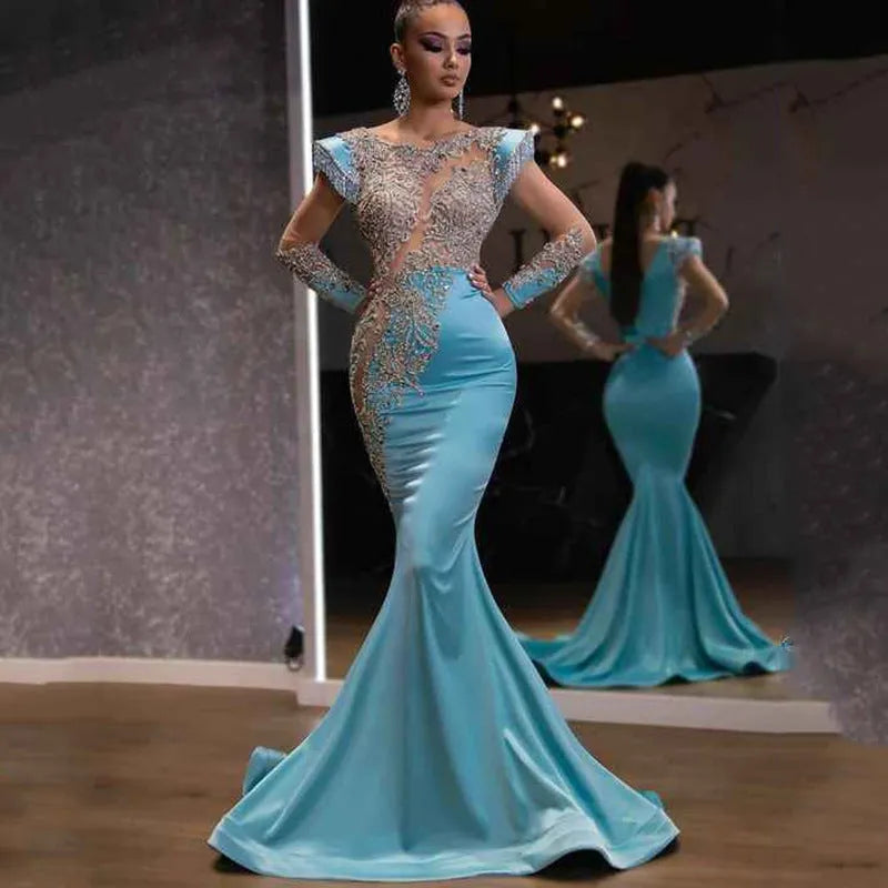 Light blue fishtail long evening dress with princess sleeves for women