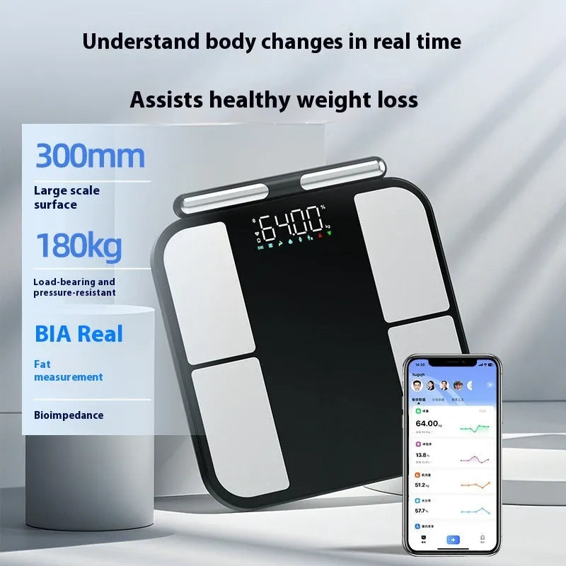 Black electronic household scale with colour display on tempered glass platform for weight and body fat measurement