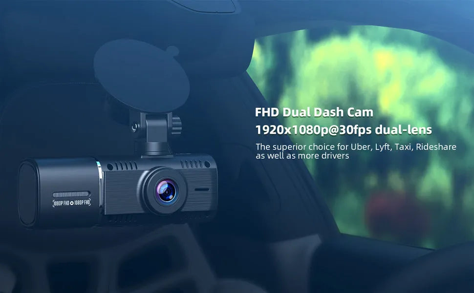 Standard black 1080p dashcam car camera with a 1.5-inch screen, shown with its car charger and mounting stand.