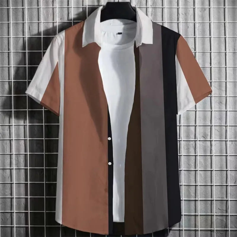 Man wearing a striped linen short sleeve t-shirt with a 3D printed graphic design.