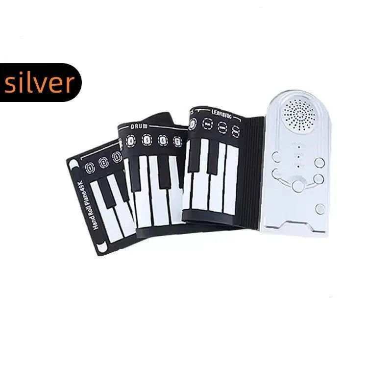 Folding electronic keyboard with 49 keys in pearl white colour, shown both rolled and unrolled