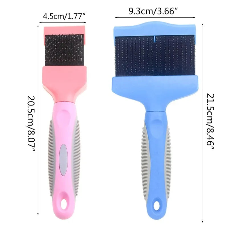 Double-sided pet grooming brush with stainless steel pins in blue or pink colour options
