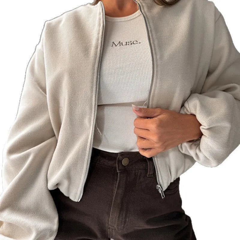 Women's off-shoulder lantern sleeve short coat in brown colour showing loose casual fit