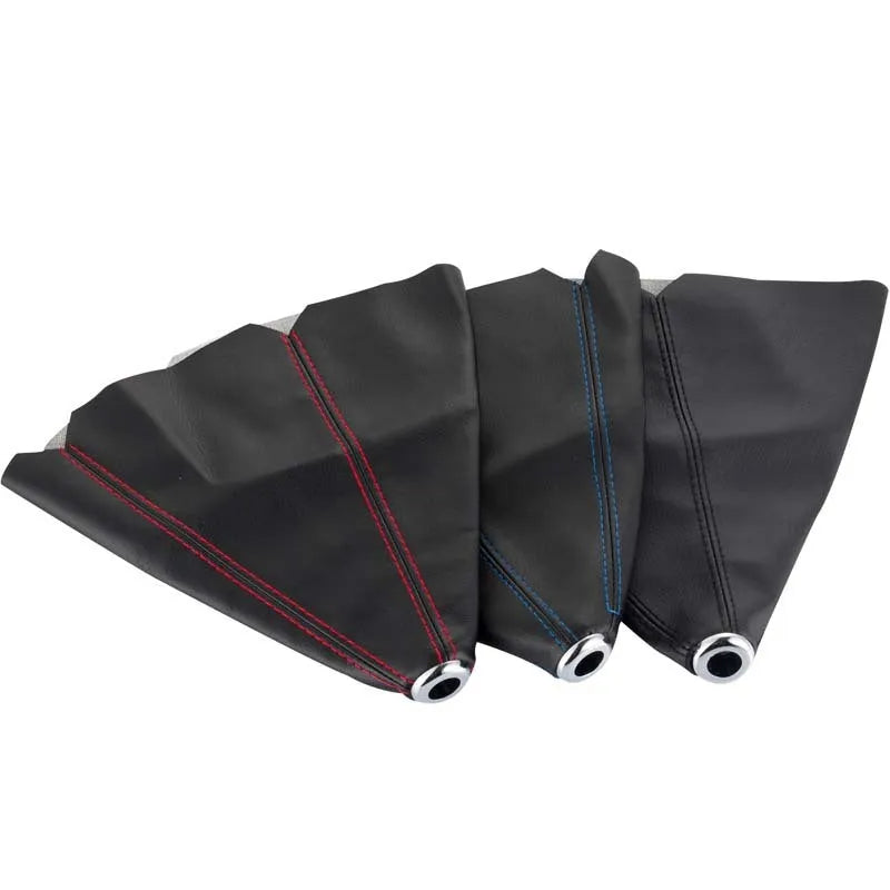 Black PU leather dirt-proof gear lever cover with coloured stitching line options displayed