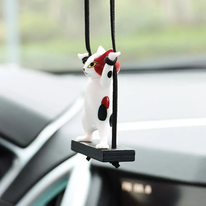 Resin cartoon cat car pendant decoration with adjustable rope in black, white, floral, grey, and brown colours