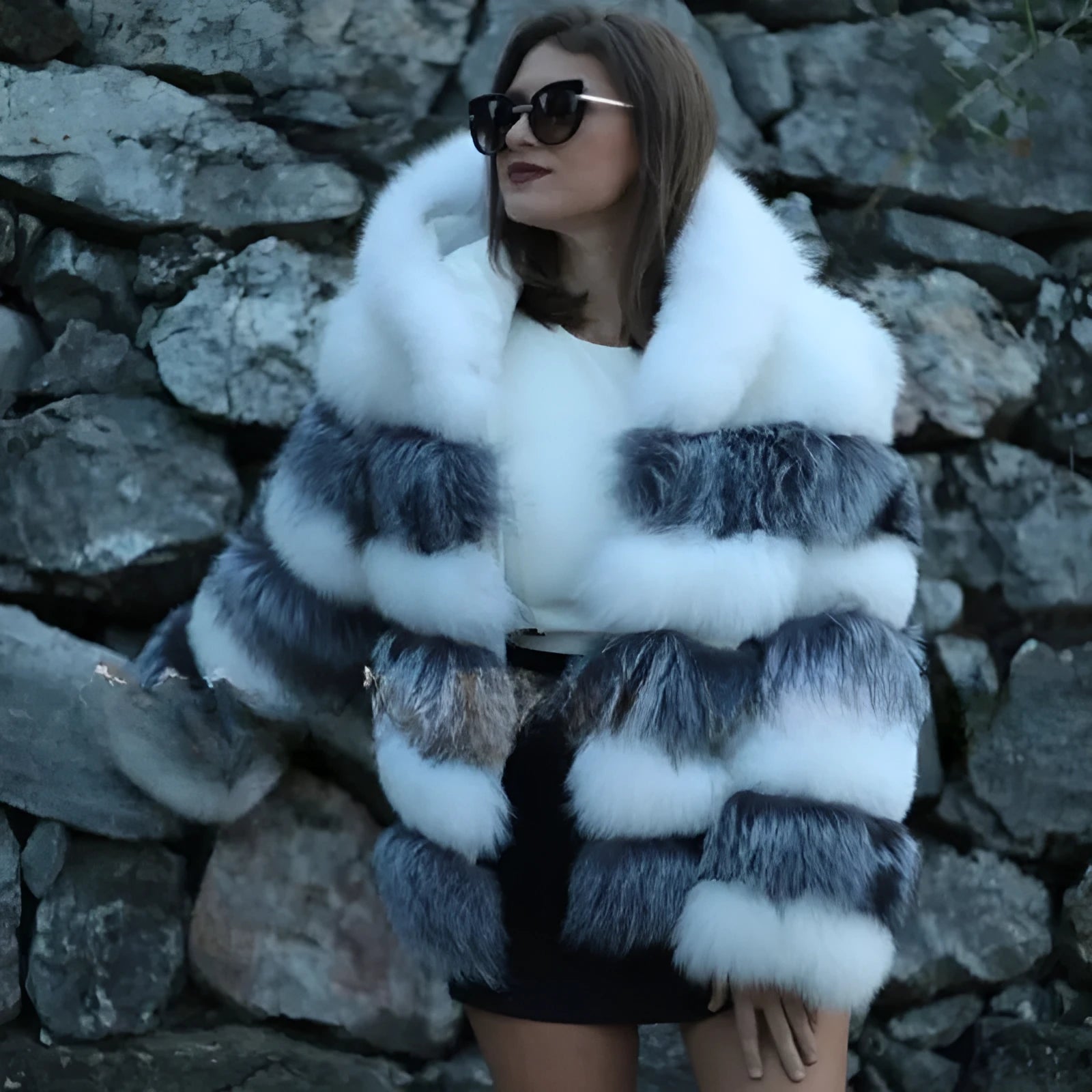 Women's loose artificial fur hooded coat in street fashion style