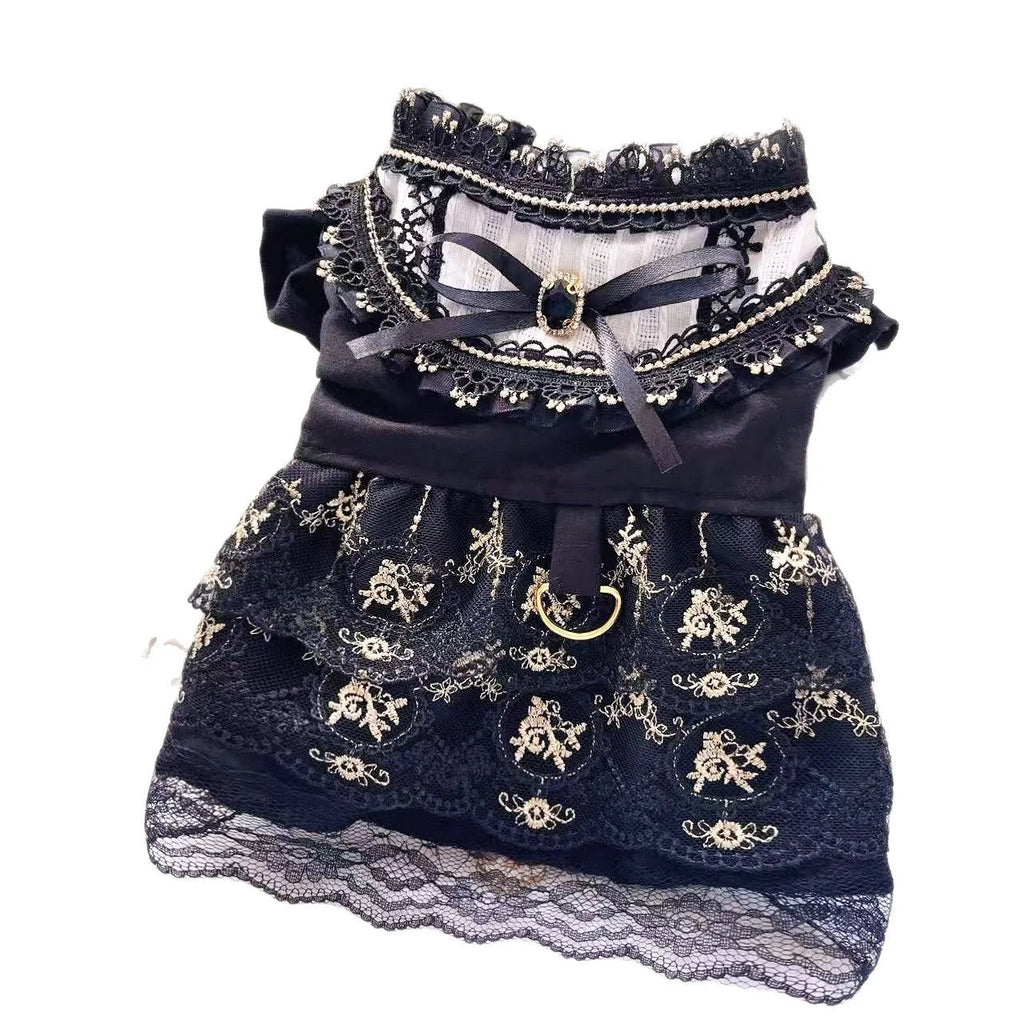 Golden gothic princess style polyester skirt costume for cats and dogs showing size range from XS to XL