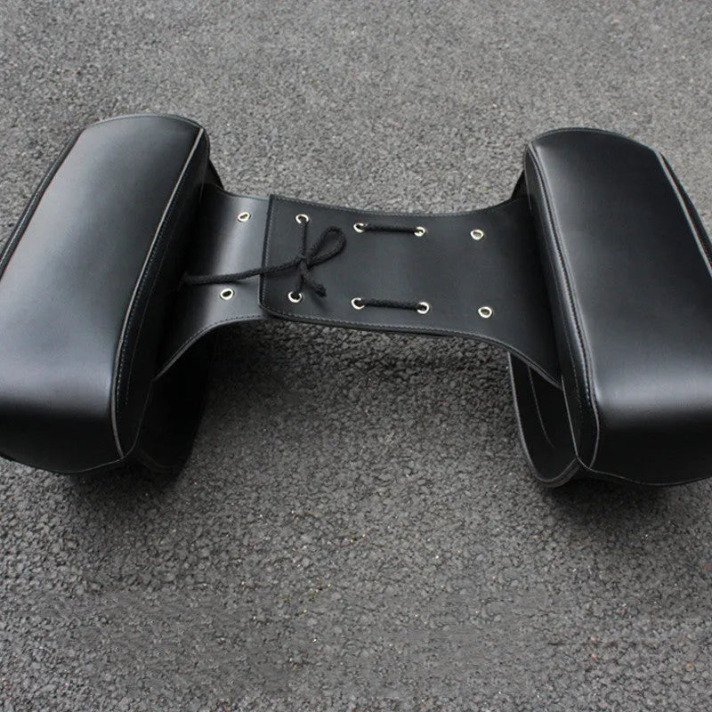 Black PU leather motorcycle saddle bag with retro styling and side box design showing dimensions