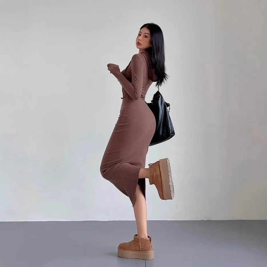 Women's grey hooded long sleeve sheath dress with high waist and knee-length cut