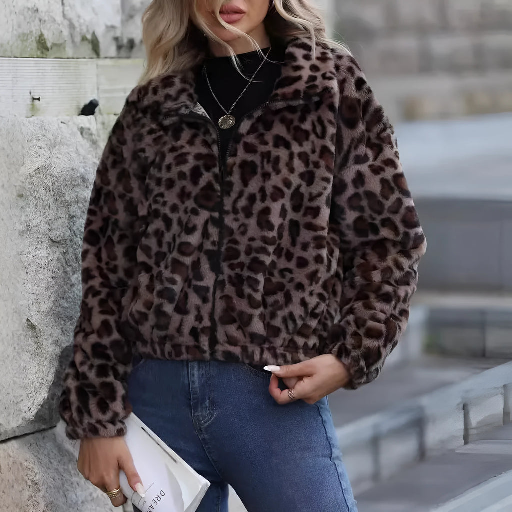 Women's loose fit leopard print plush winter coat with long sleeves and front zipper