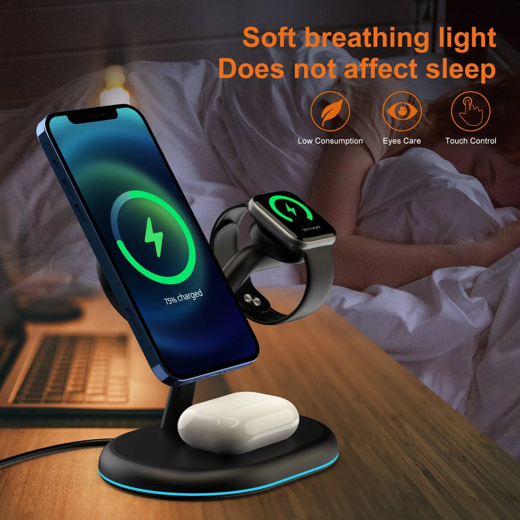 Black magnetic wireless charger with minimalist design on flat surface