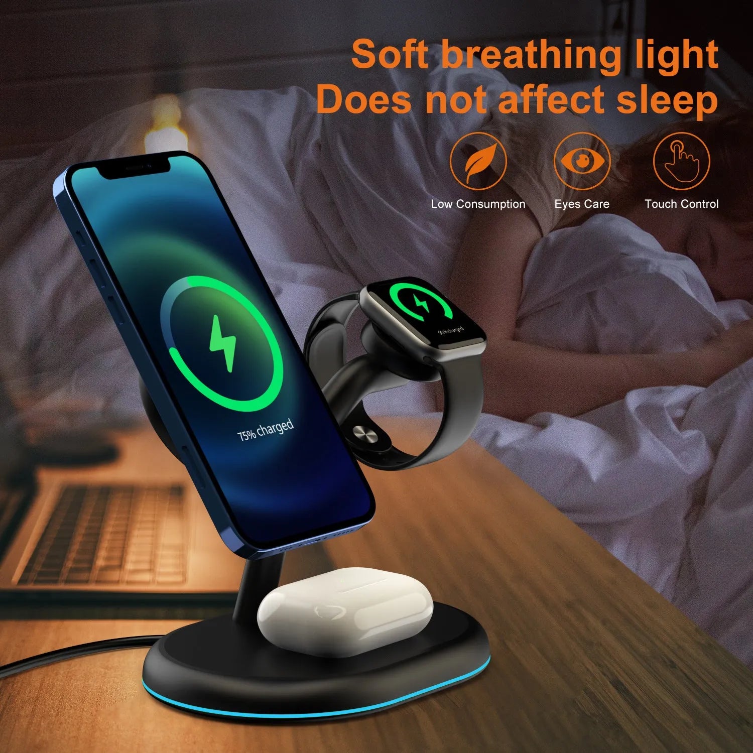 Black magnetic wireless charger with minimalist design on flat surface