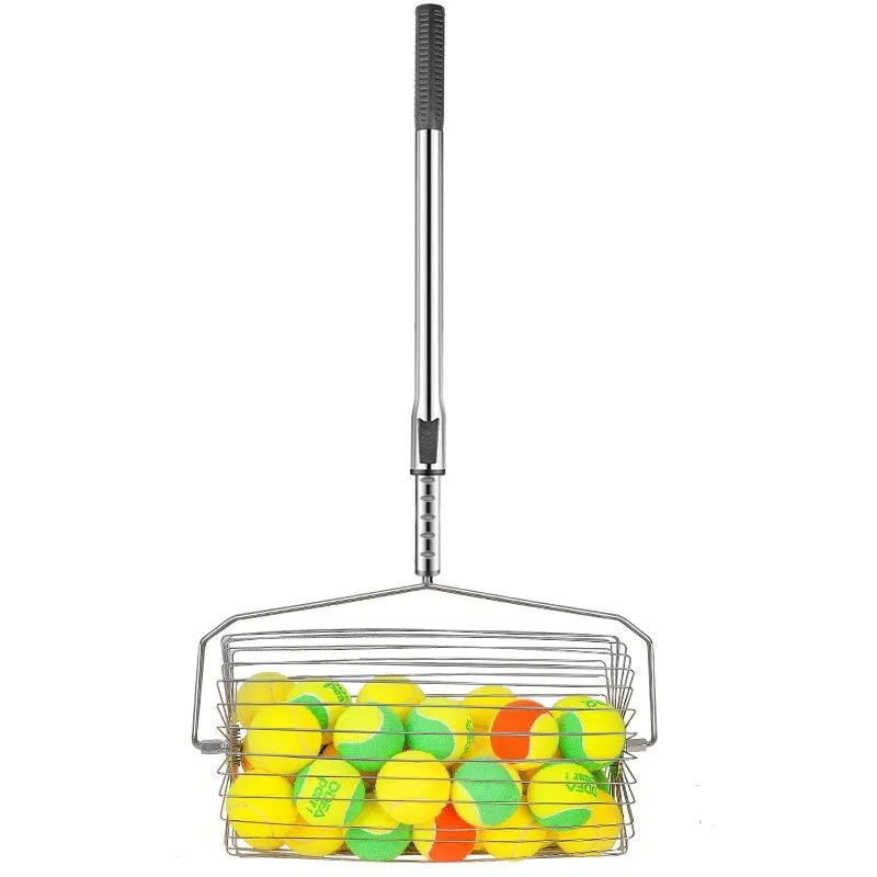 Stainless steel tennis ball picker with large adjustable roller, shown in classic and extra large capacity styles.