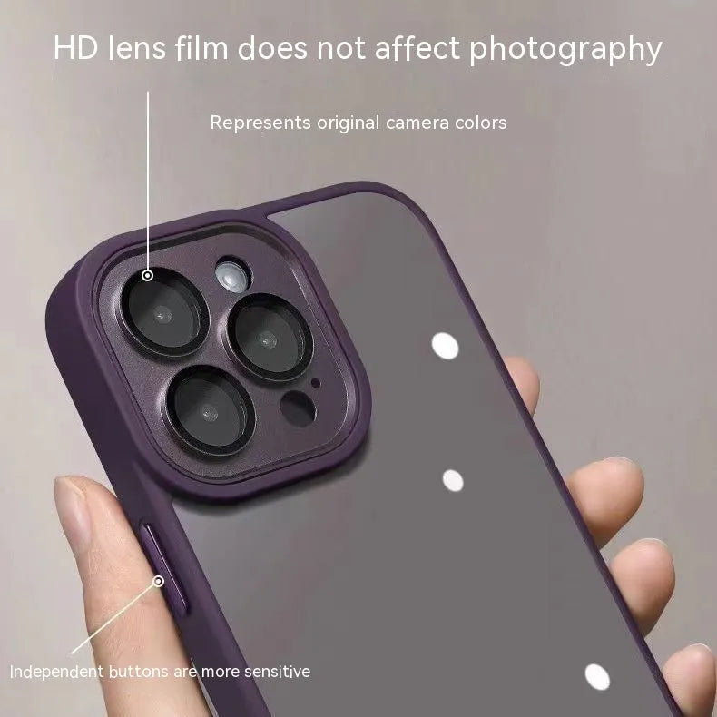 Transparent acrylic phone case with lens protector for iPhone, showing drop-resistant design and multiple colour options including navy blue and starlight white.