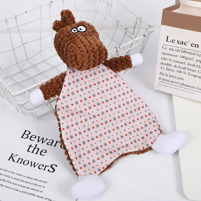 Brown stuffed animal fox elephant pet toy with soft velvet exterior for cats and dogs.