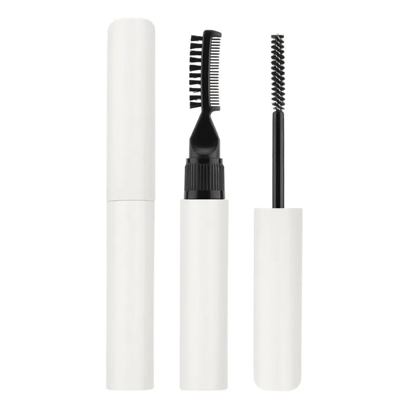 Eyebrow mould shaping brush and bottle of liquid eyebrow glue in pink or white.
