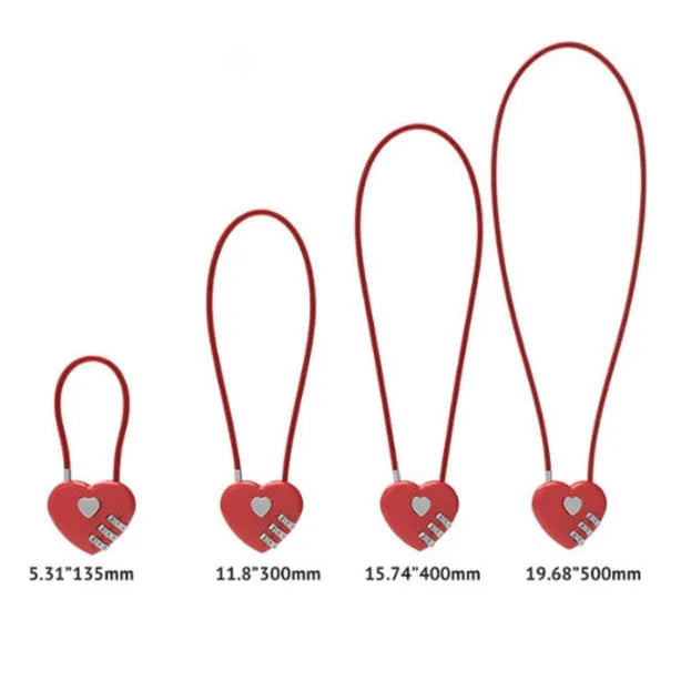Peach heart shaped wire rope lock in various colours with different steel cable lengths for securing bicycle helmets