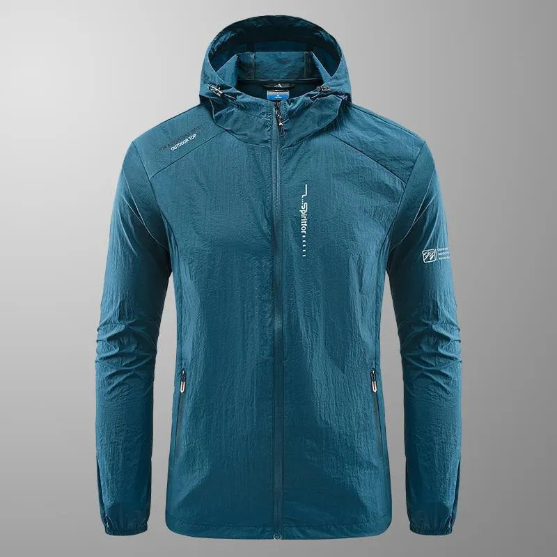 Lightweight men's hooded nylon summer jacket in loose fit on a hanger.