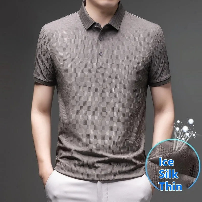 Rhombus patterned thin ice silk short sleeve t-shirt with a slit detail, shown in a colour option.