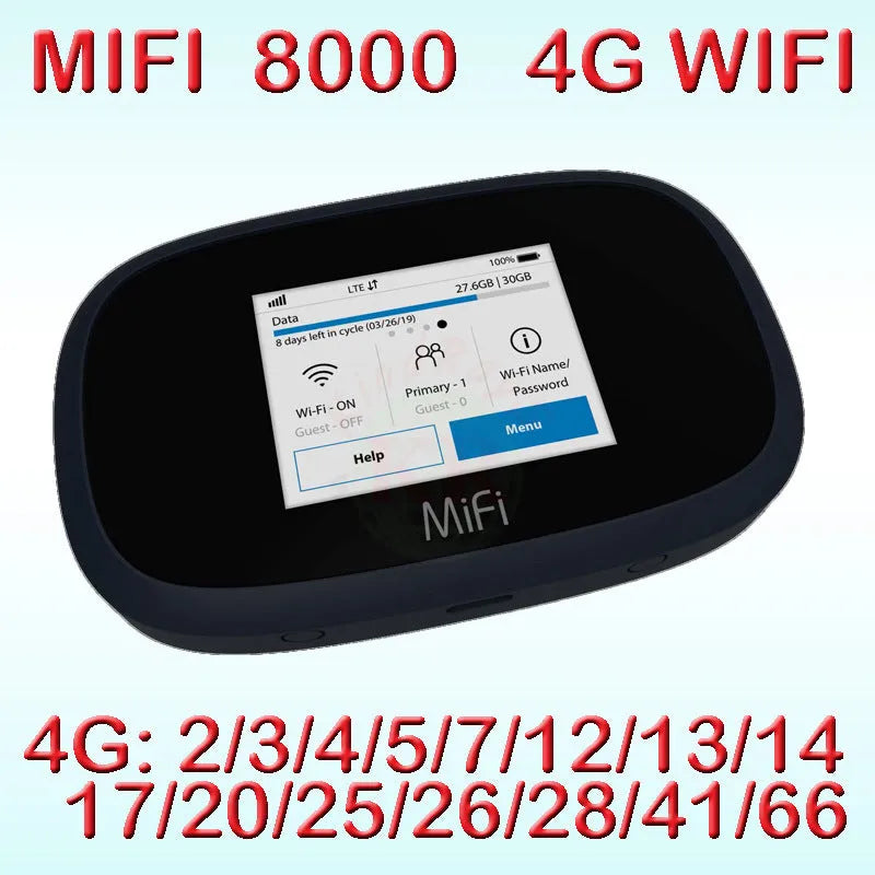 Black MIFI8000 portable 4G wireless router with compact design for mobile internet.