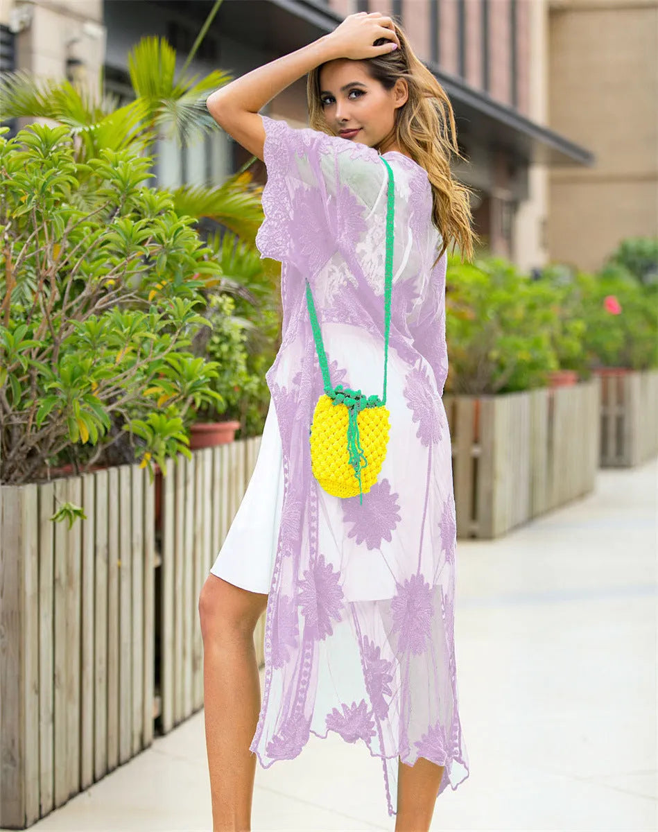 Light purple beach dress with lace embroidery cardigan design for swimming and wading activities
