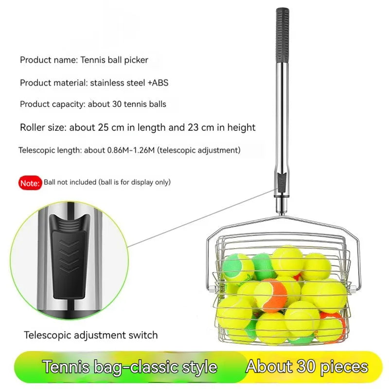 Stainless steel tennis ball picker with large adjustable roller, shown in classic and extra large capacity styles.