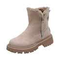 Women's black faux suede high-top snow boots with a side zipper and thick plush lining.