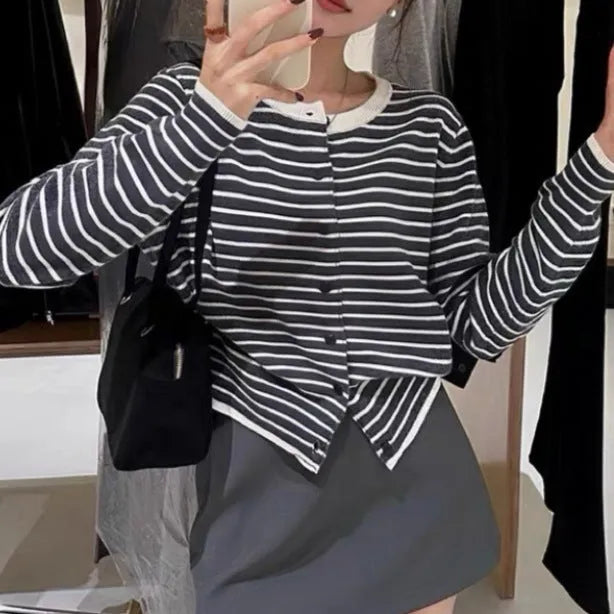 Dark grey and white striped women's cardigan with slim fit and short 40cm length