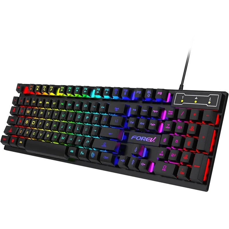 Wired keyboard with six-colour backlit luminous characters on black ABS frame, full-size layout with numeric keypad