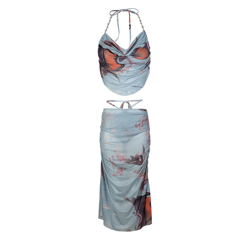 Blue diamond chain split three-piece bikini set for women with backless brief style