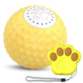 Remote control and a blue smart cat ball toy on a wooden floor.
