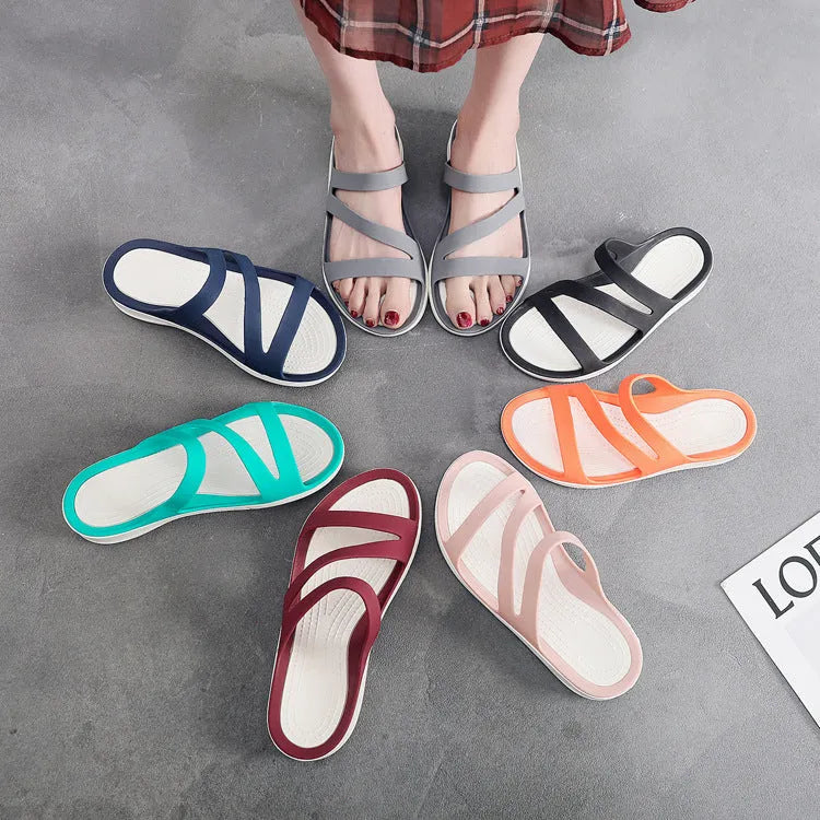 Solid colour women's casual beach sandals made from breathable PP material on a summer background.