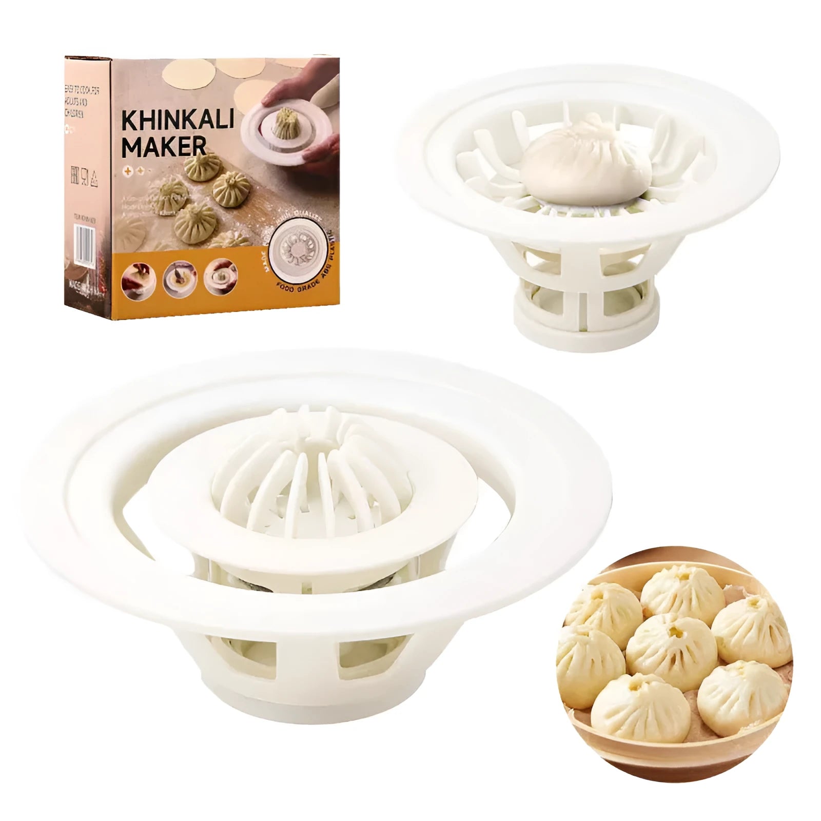 Set of four black Jinkali steamed bun and dumpling moulds on a kitchen counter