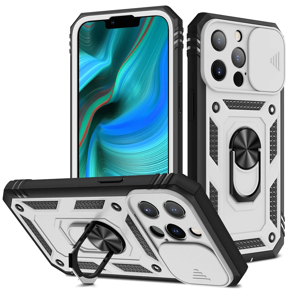 Magnetic sliding stand phone case for Apple iPhone in sapphire blue and grey green colour options.
