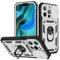 Magnetic sliding stand phone case for Apple iPhone in sapphire blue and grey green colour options.
