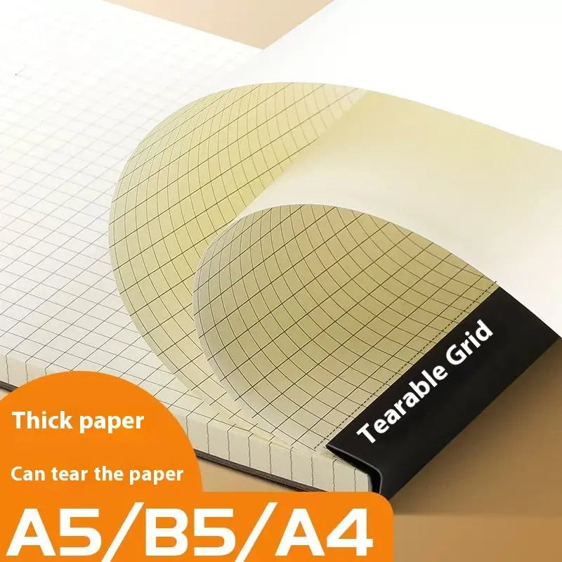 A5 and B5 tearable writing pads showing blank, grid, and horizontal line page styles.