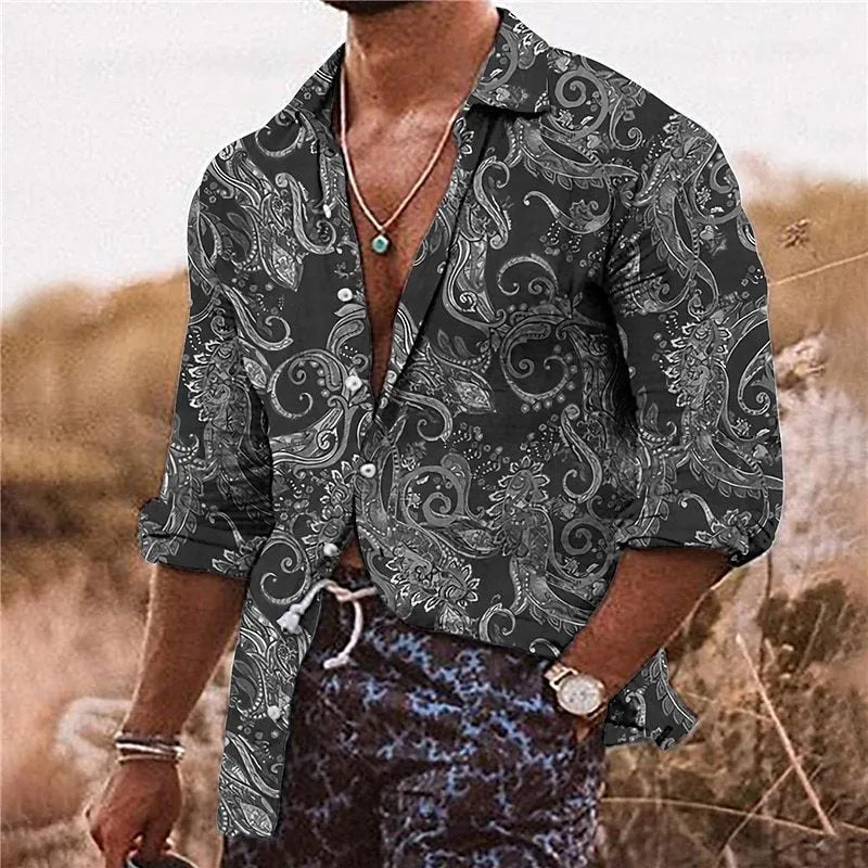 Men's loose fit long sleeve shirt with a 3D digital print flower pattern in a business casual style.