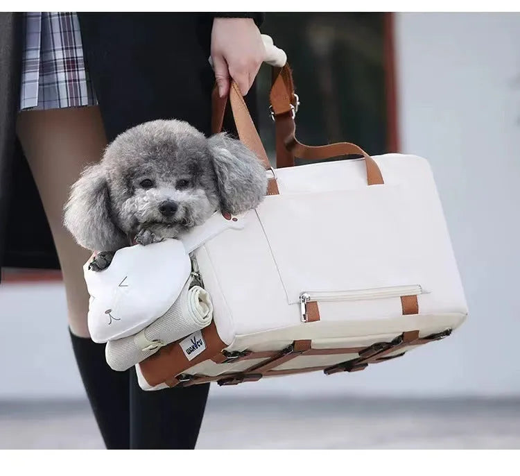 Beige hard-sided pet carrier with one-shoulder strap measuring 43x25x22.5cm for pets under 15kg