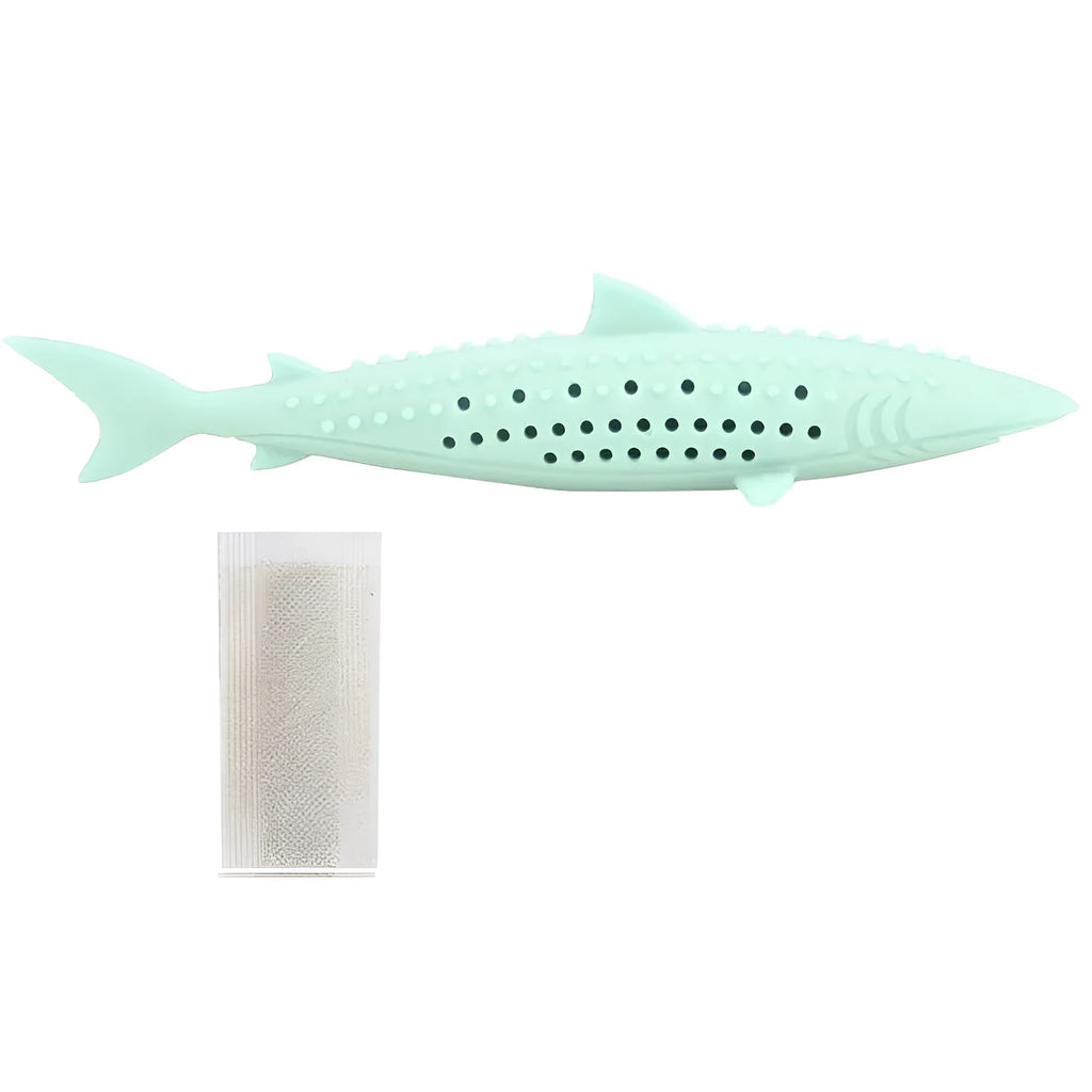 Green silicone fish-shaped chew toy for cats with side holes for catnip scent