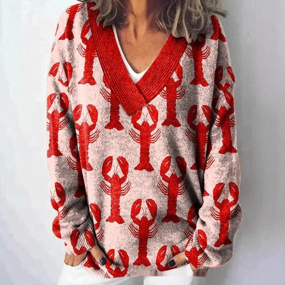 Women's V-neck floral print sweatshirt with 3D effect and long sleeves in art retro style.